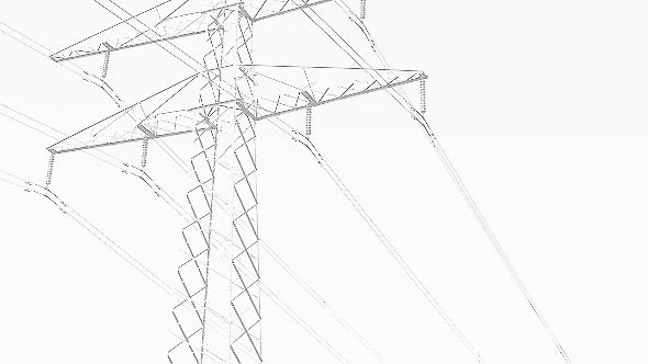 Transmission towers silhouetted against a pale sky